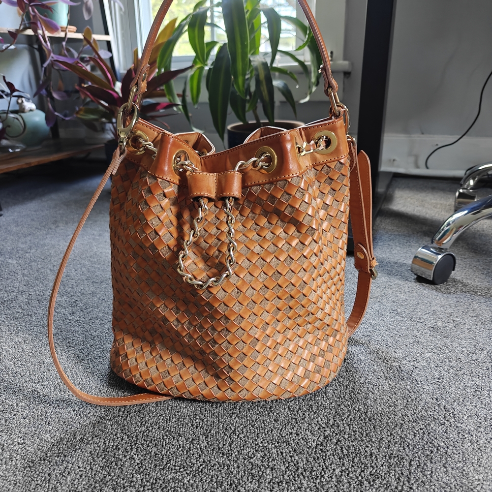 Woven Tan Bucket Bag